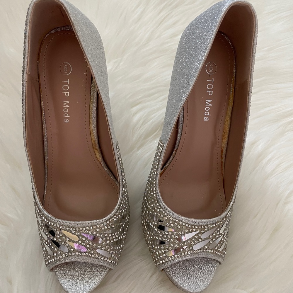 Silver Rhinestone Open Toe Heels - Picture 2 of 6